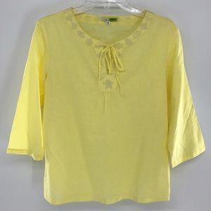 Yellow SheerBlouse Embroidered Vneck 3/4 Sleeve XL